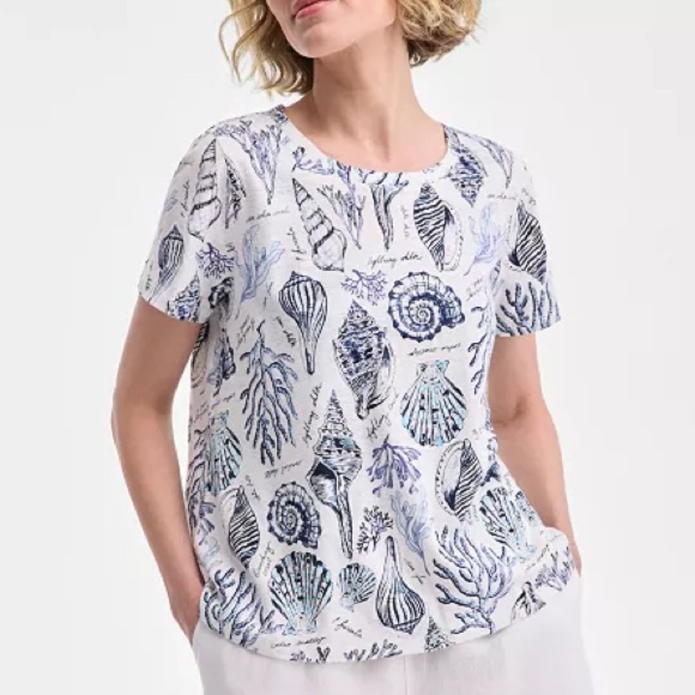 Charter Club Short‎ Sleeve Top White Blue Linen Blend Nautical Seashell Print L